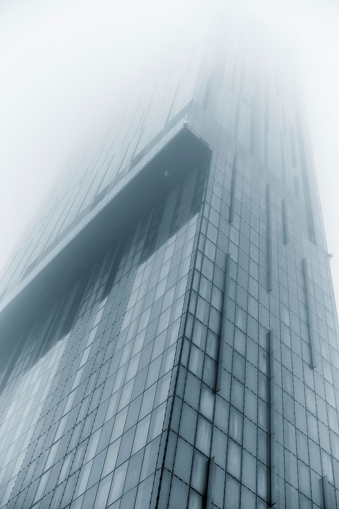 Beetham Tower in the fog. Original public domain image from Flickr