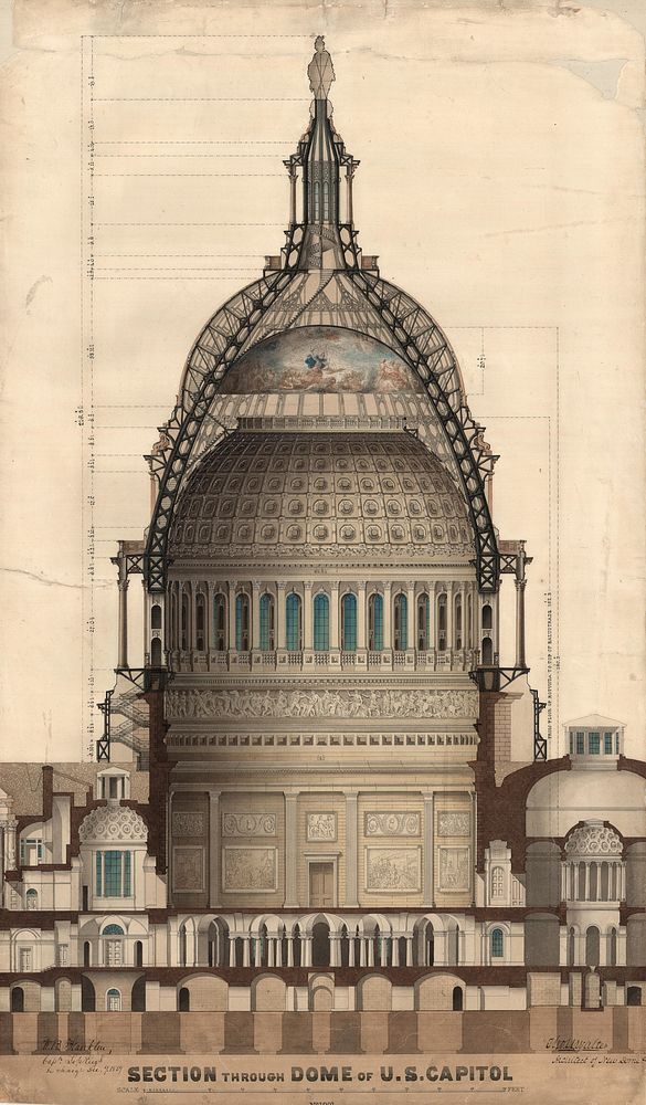 Section, Revised Dome Design 1859 Section, Revised Dome Design for U.S. Capitol Pen, Ink and watercolor by Thomas U. Walter…