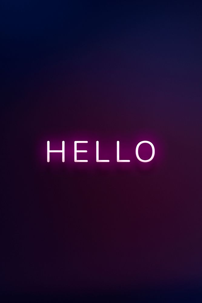 Glowing neon HELLO typography on a dark purple background