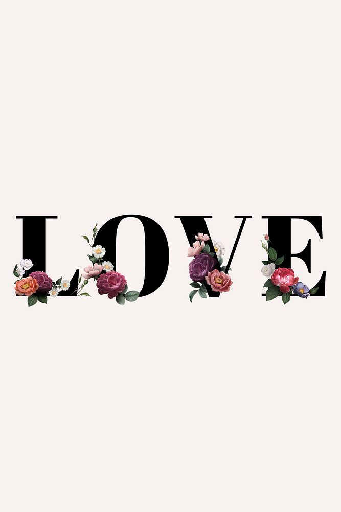 Floral love word typography on a beige banner
