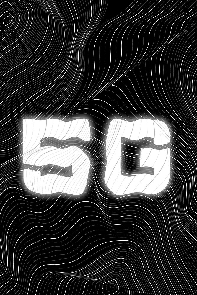 White neon 5G word topographic typography on a black background
