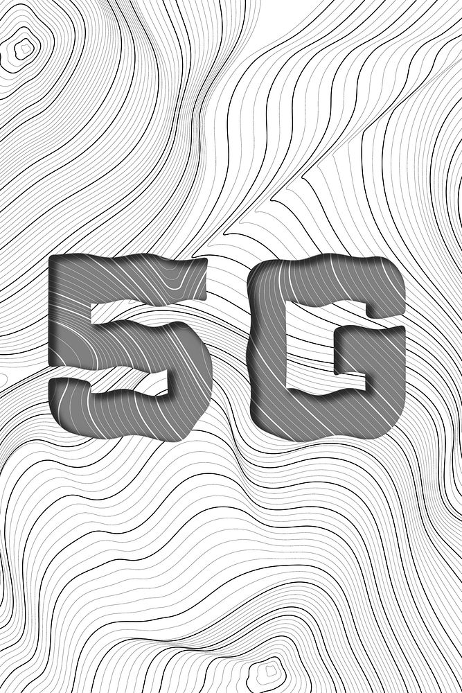 Dark gray 5G word typography on a white topographic background