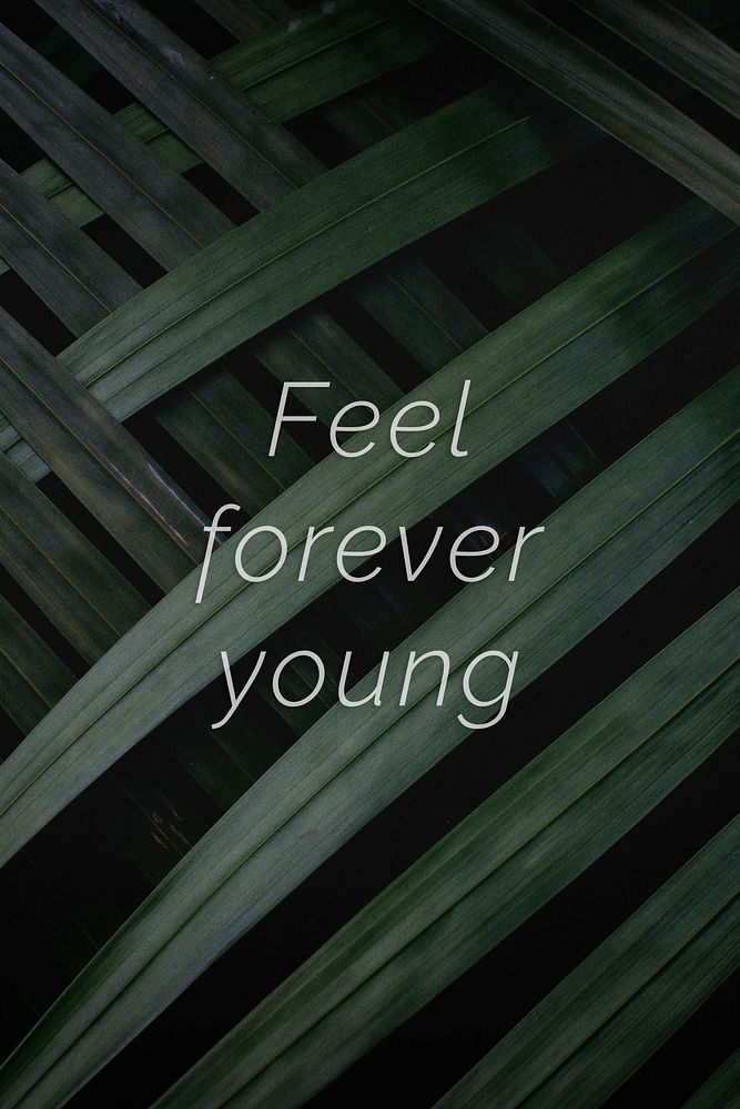 Feel forever young quote on a palm leaves background