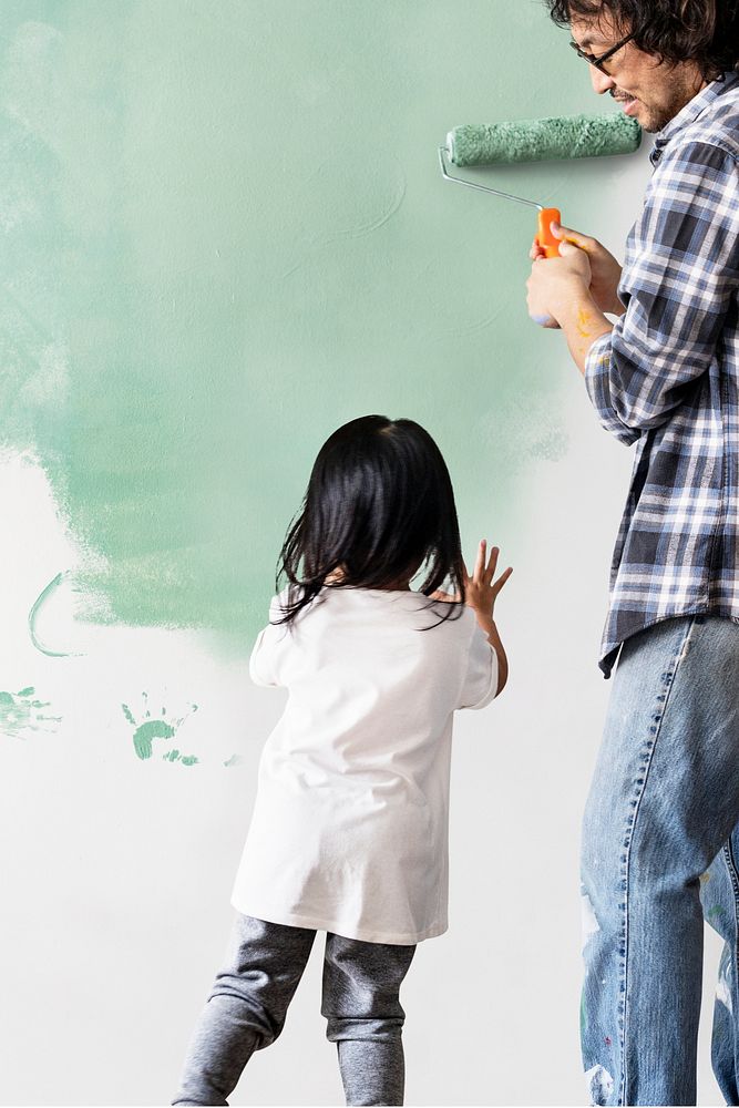 Asian family renovating the house background