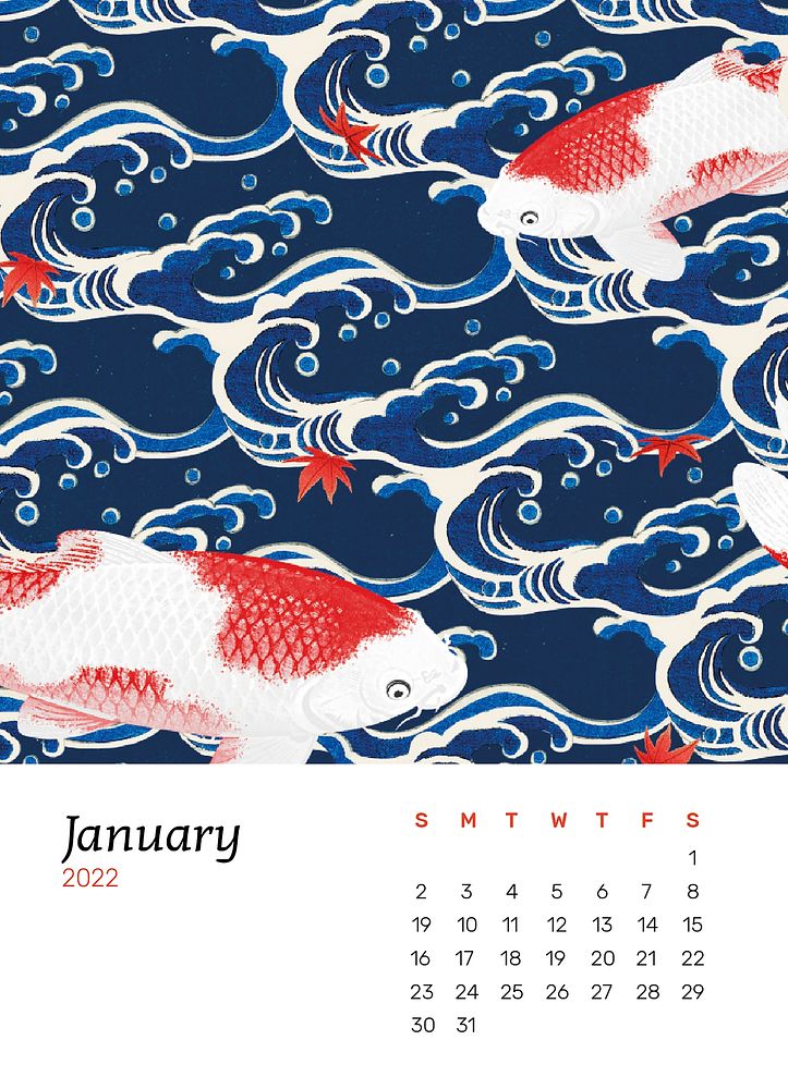 Carp January 2022 calendar, monthly planner. Remix from vintage artwork by Watanabe Seitei