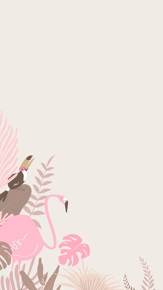 Pink botanical iPhone wallpaper, high resolution tropical bird and leaves border frame background psd
