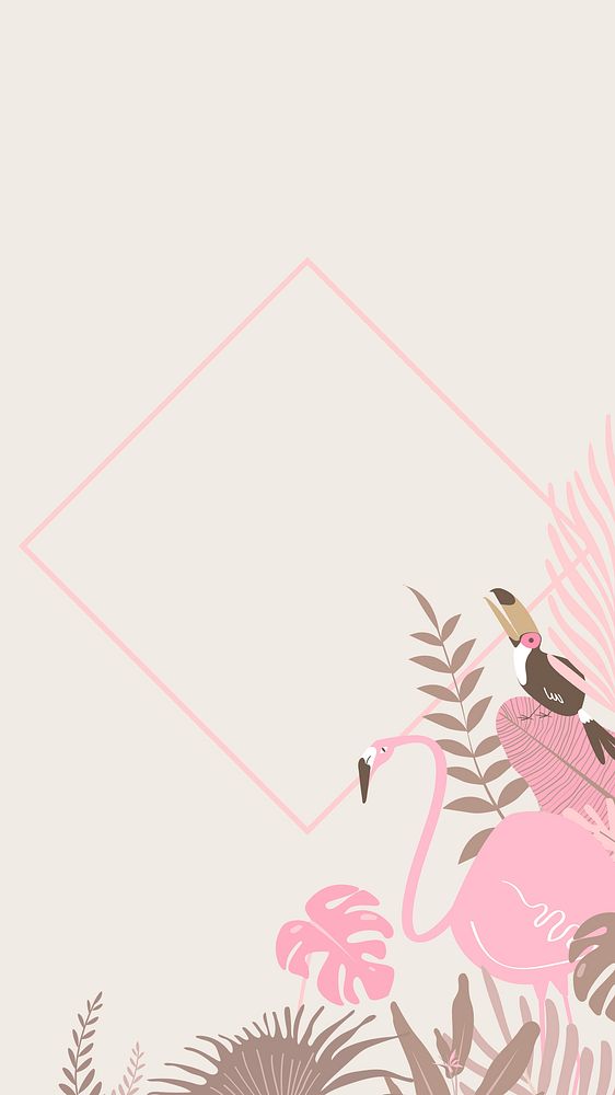 Pink botanical frame with tropical flamingo, toucan and leaves psd
