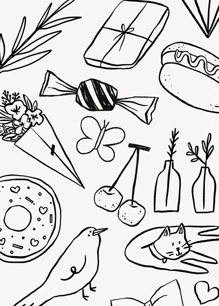 Cute doodle pattern collage element, black & white design psd