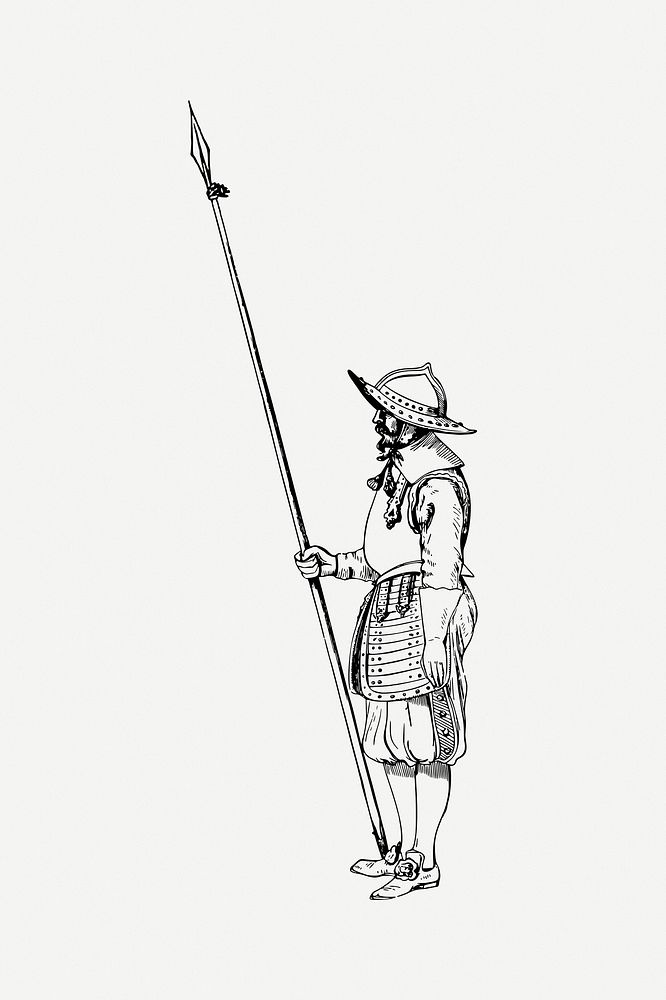 Spear warrior drawing, vintage illustration psd. Free public domain CC0 image.