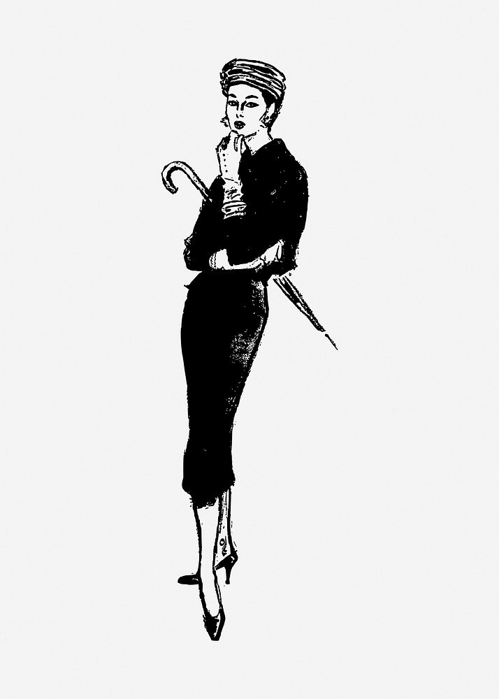 Lady in black dress, drawing illustration. Free public domain CC0 image.