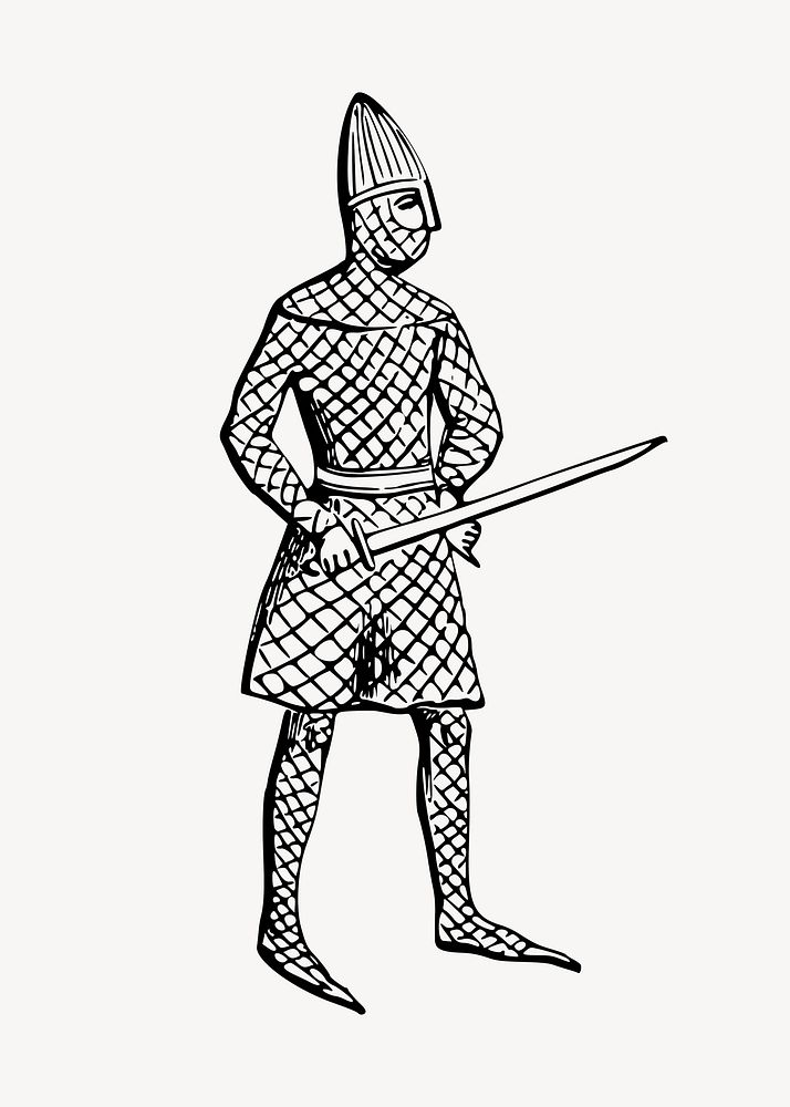 Knight with sword clipart, drawing illustration vector. Free public domain CC0 image.