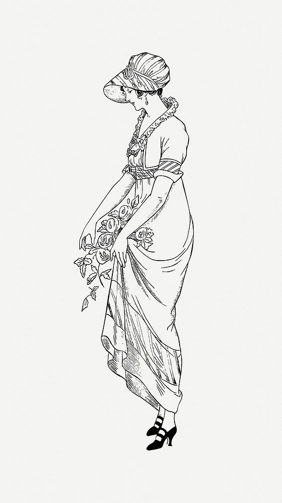 Lady & flower clipart, vintage illustration psd. Free public domain CC0 image.