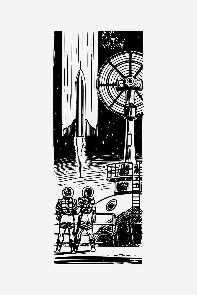 Science fiction scene, vintage drawing illustration. Free public domain CC0 image.