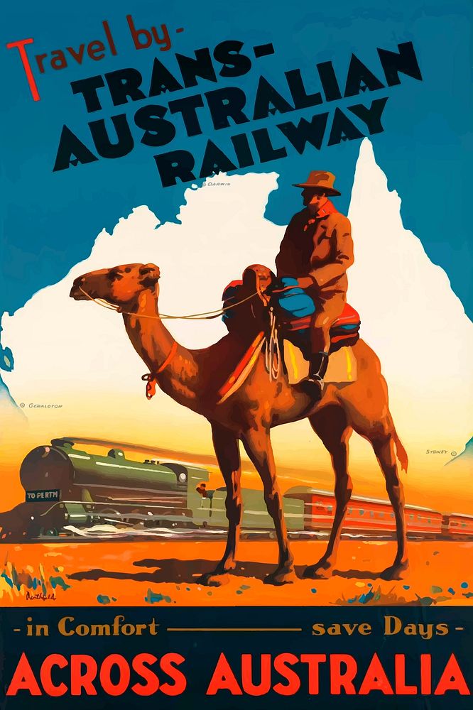 Trans-Australian railway poster illustration. Free public domain CC0 image