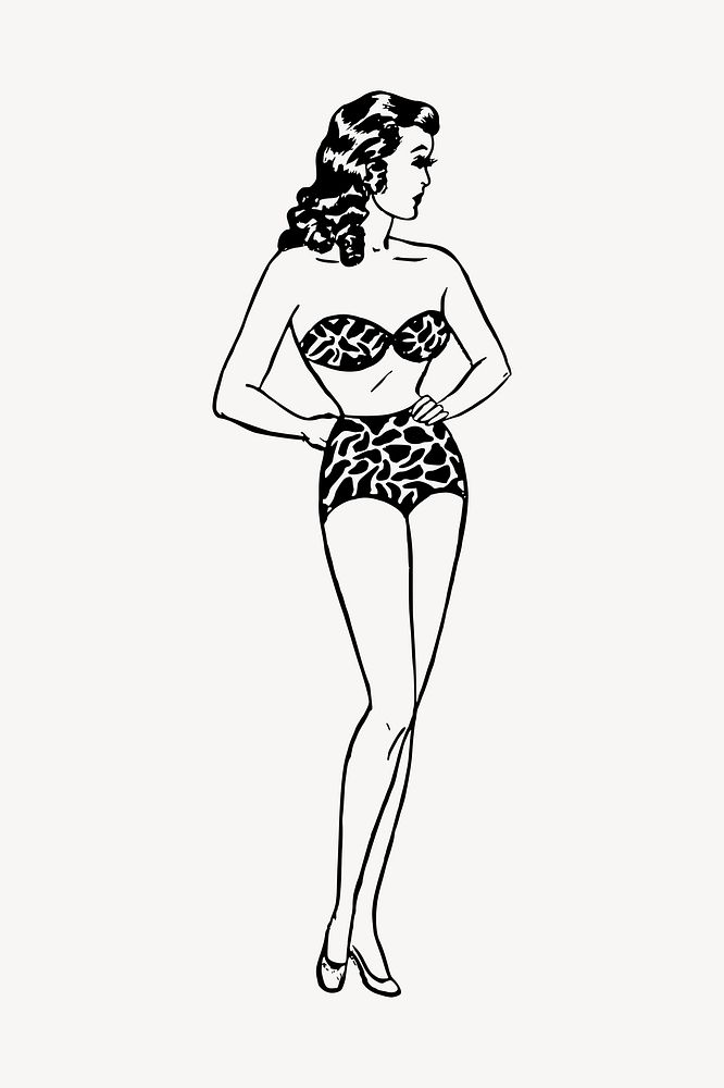 Woman in bikini clipart, retro fashion illustration psd. Free public domain CC0 image.
