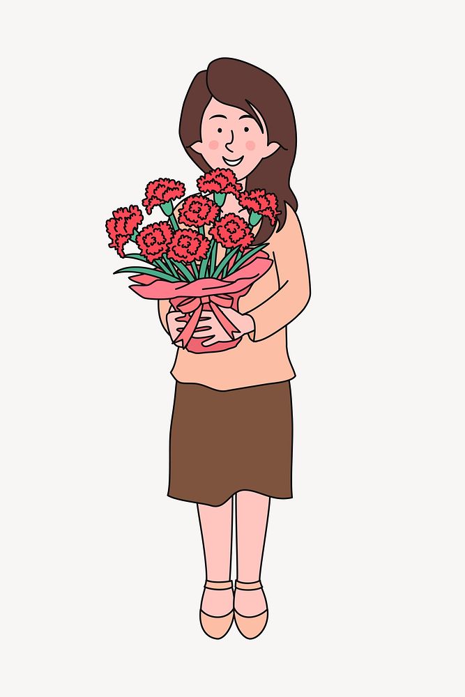 Woman with roses, Valentine's cartoon illustration. Free public domain CC0 image.