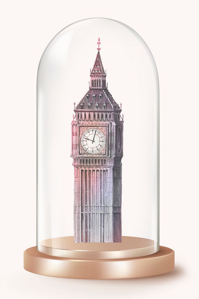 Big Ben clock tower in glass dome, London landmark concept art