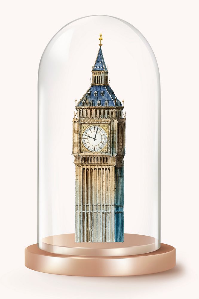 Big Ben clock tower in glass dome, London landmark concept art