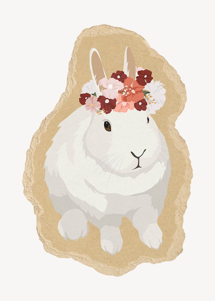 Bunny collage element, animal torn paper design psd