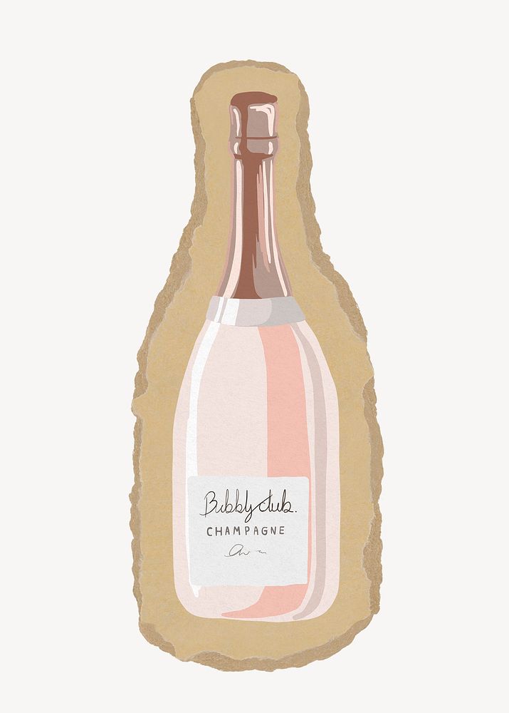 Champagne bottle collage element, drink torn paper design psd