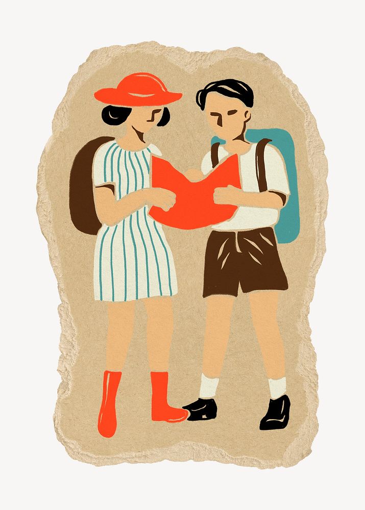 Tourist couple on brown torn paper