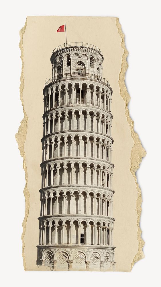 Leaning Tower, Italy landmark, ripped paper collage element