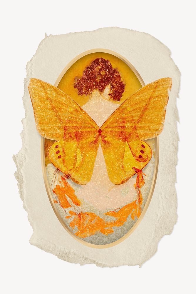 Butterfly fairy woman, ripped paper collage element