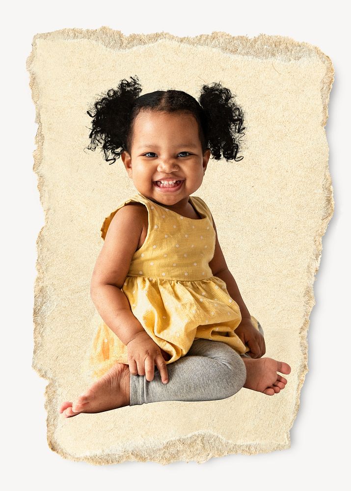 African-American toddler ripped paper collage element psd