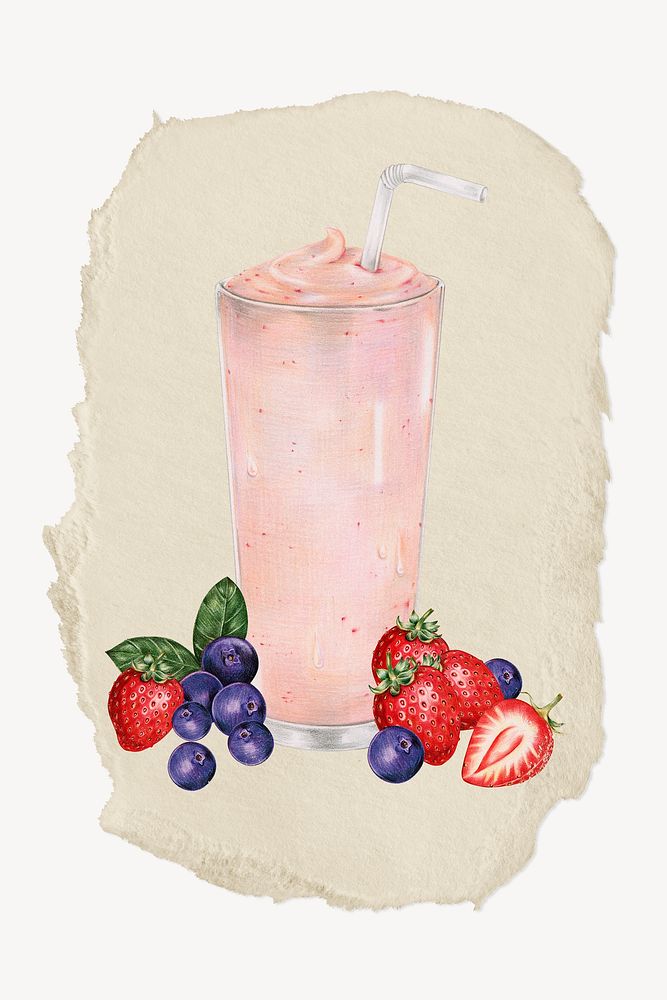 Mixed-berry smoothie, ripped paper collage element psd