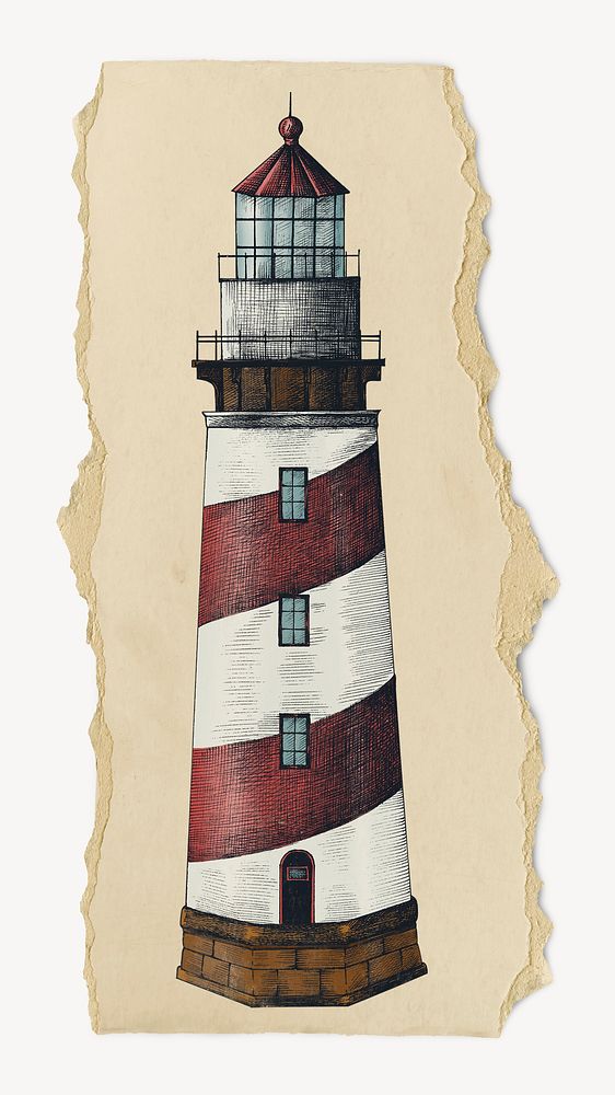 Vintage lighthouse, ripped paper collage element psd