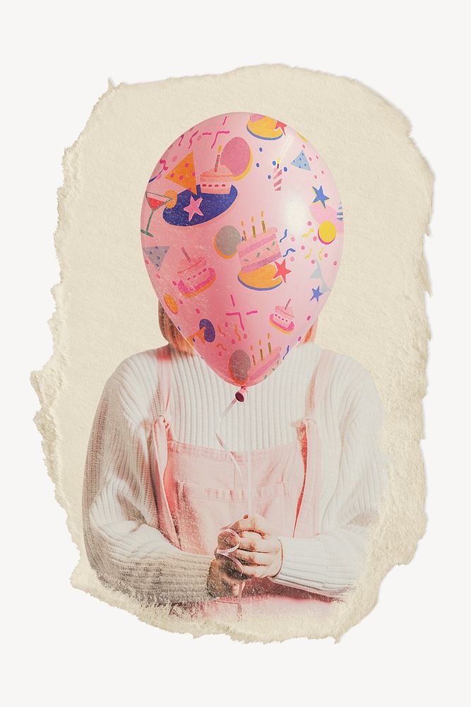 Girl holding balloon sticker, ripped paper psd