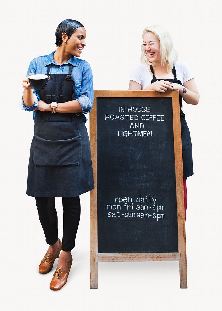 Happy cafe workers, small business isolated image