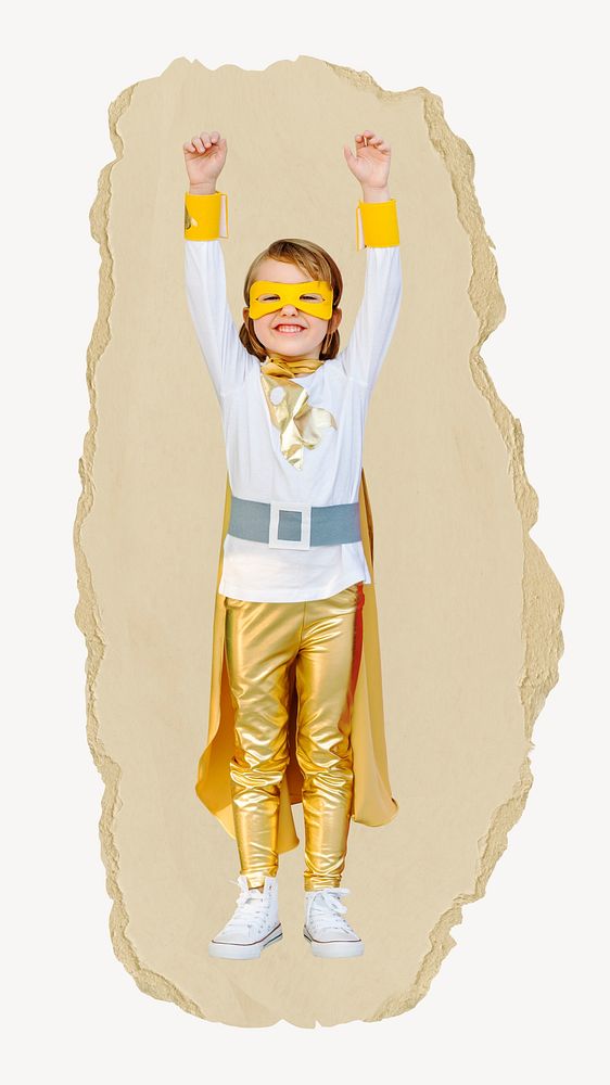 Superhero girl, kids' education, ripped paper collage element
