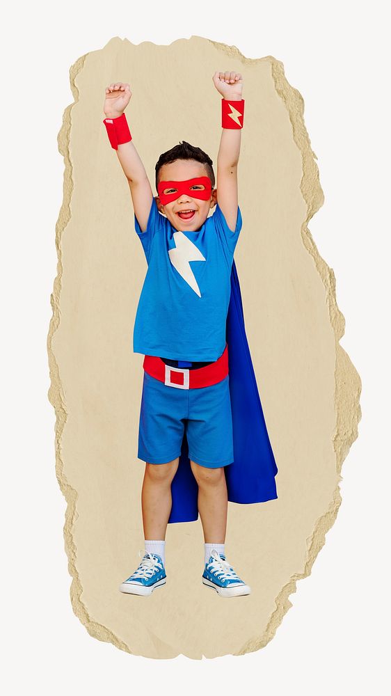 Superhero boy, kids' education, ripped paper collage element