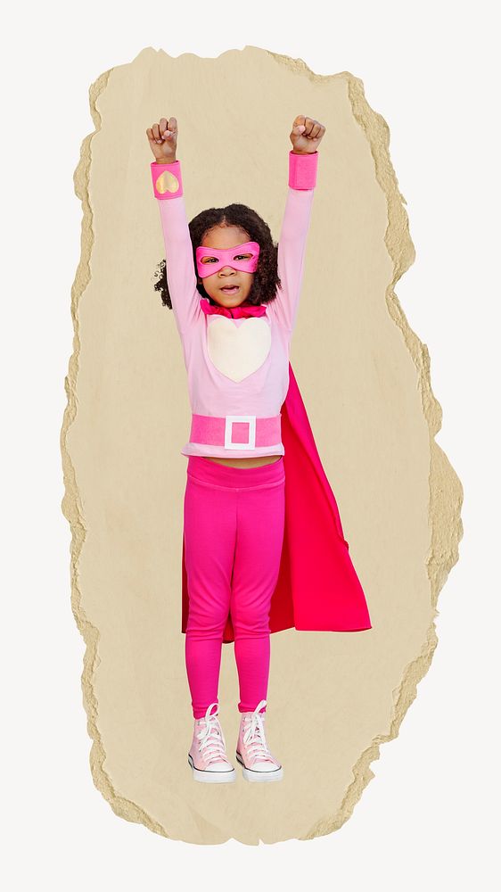 Superhero girl, kids' education, ripped paper collage element