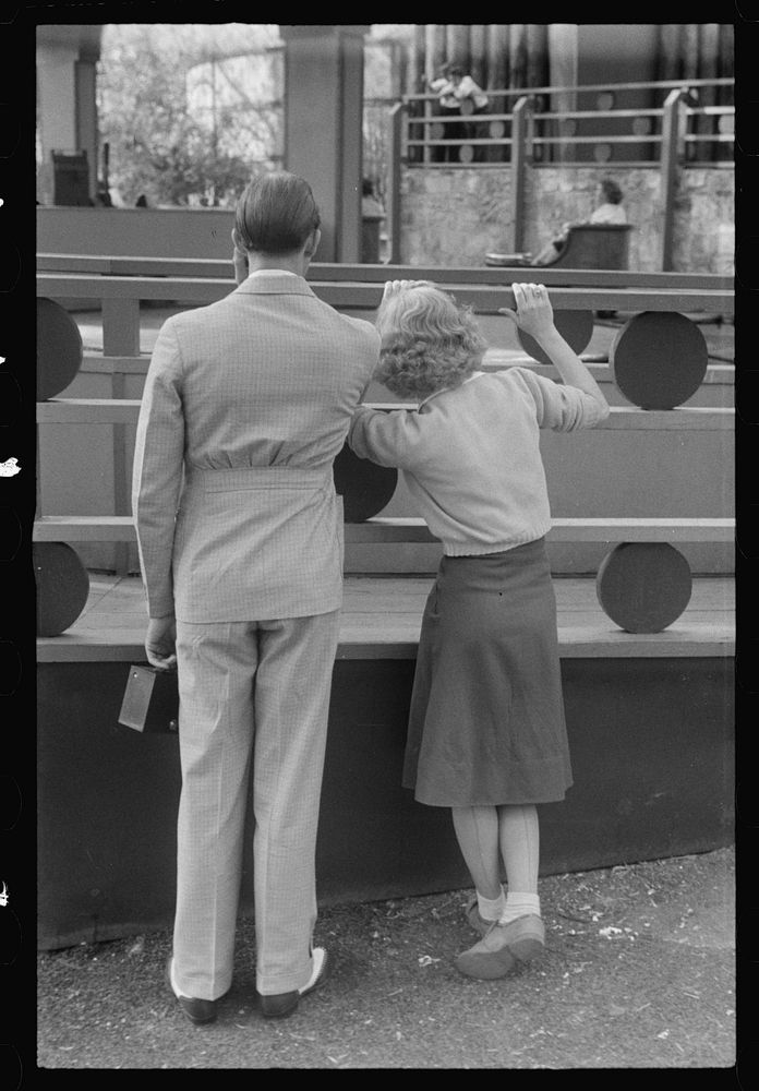 [Untitled photo, possibly related to: Glen Echo, Maryland. A young couple watching people on "the whip," at Glen Echo Park].…