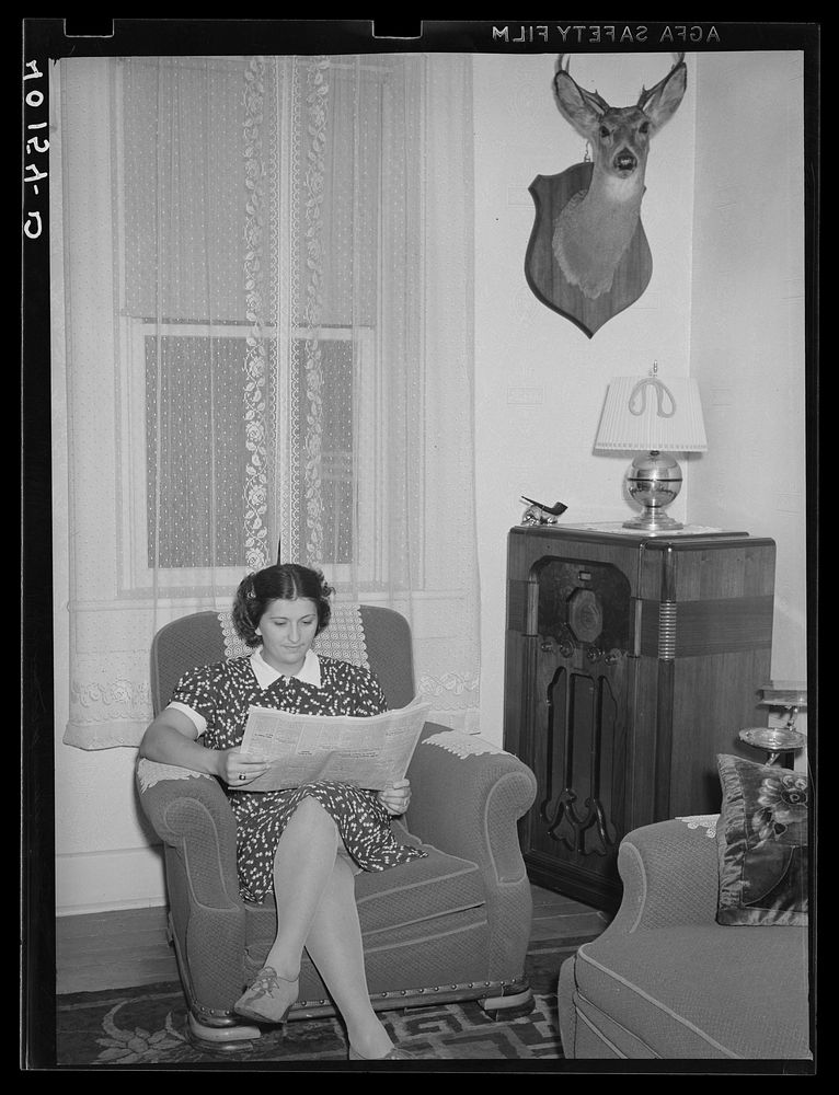 Lititz (vicinity), Lancaster County, Pennsylvania. Mrs. Paul Minnich in her living room on the farm of her father-in-law…