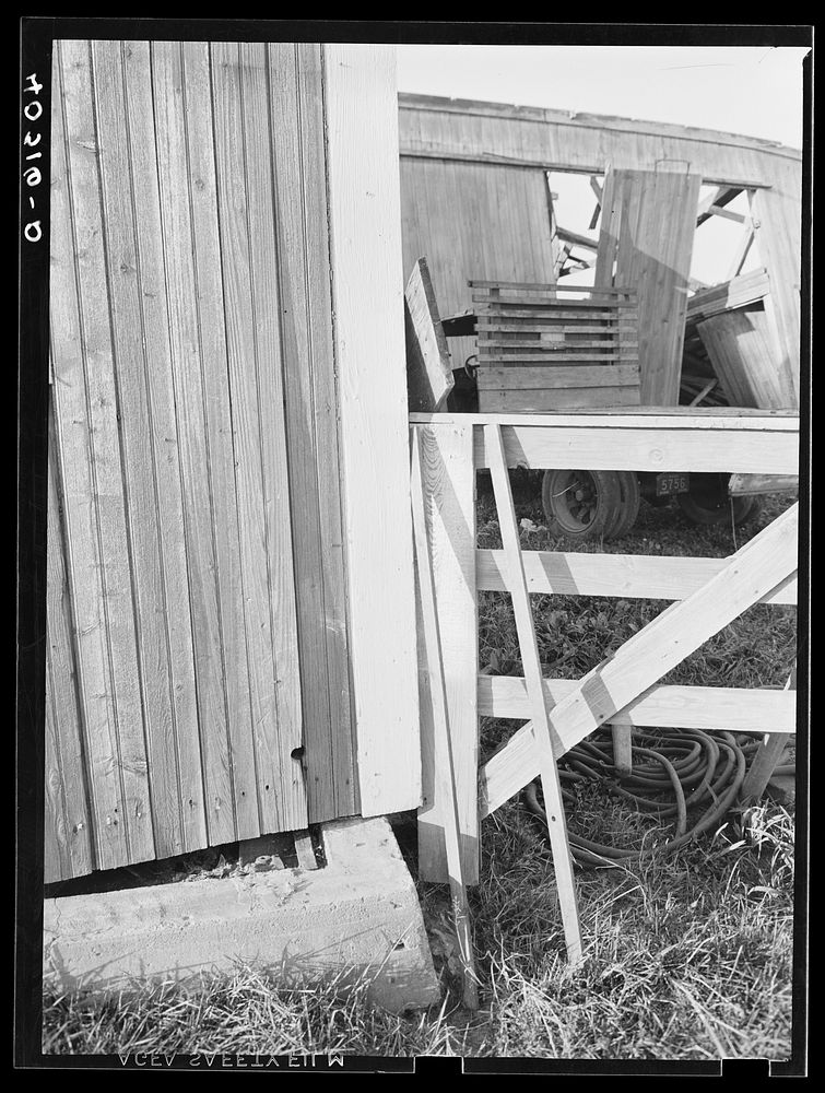 New England hurricane. Corner of barn in Connecticut showing how the barn was moved off its foundations. Sourced from the…