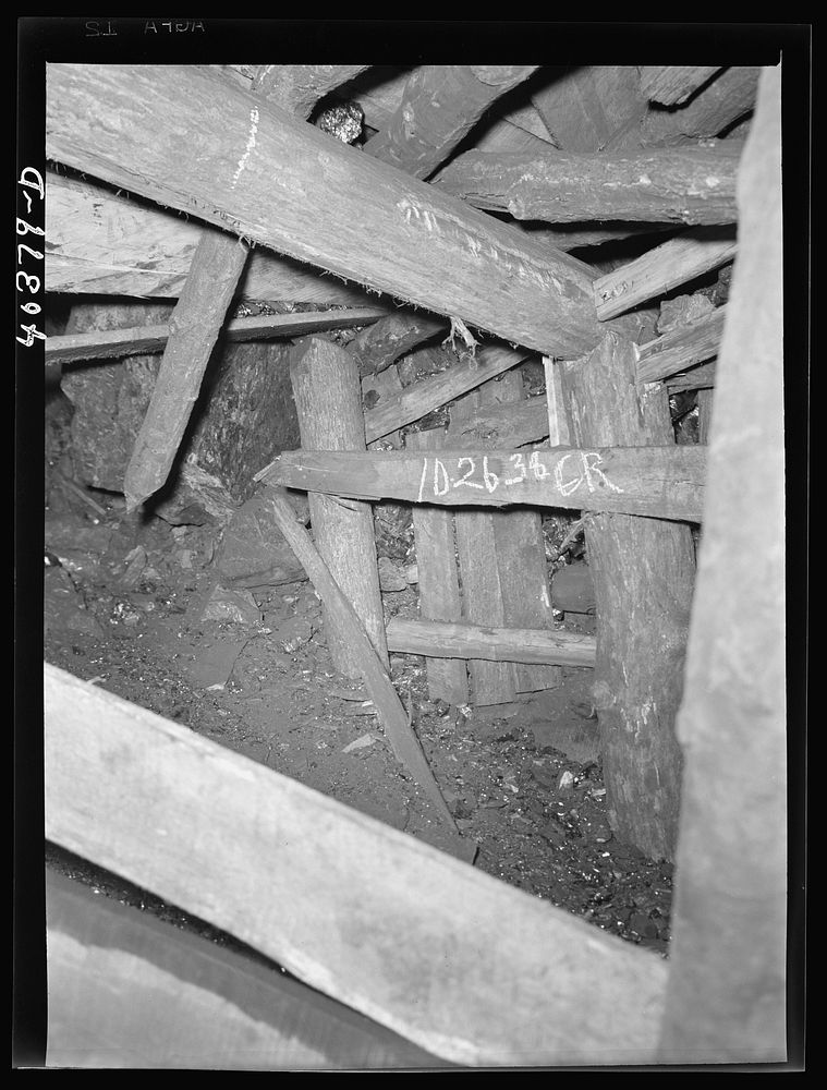 Shenandoah (vicinity), Pennsylvania. Timbers in tunnel 29 of the Maple Hill mine, at the end where they are leaving the…
