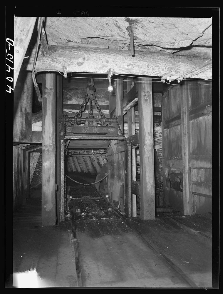 Shenandoah, Pennsylvania. A car (elevator) at the bottom of a shaft seven hundred feet below the surface at Maple Hill mine.…
