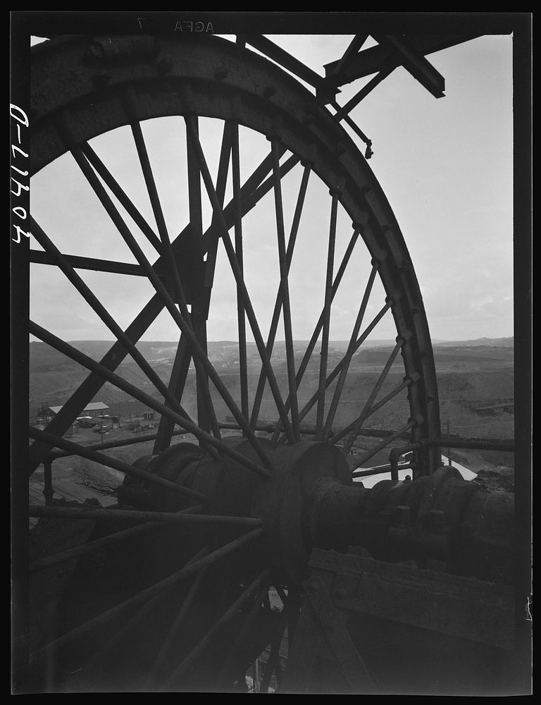 Shenandoah, Pennsylvania. A wheel, over which the car cable runs, at the top of a shaft tower at the Maple Hill mine.…