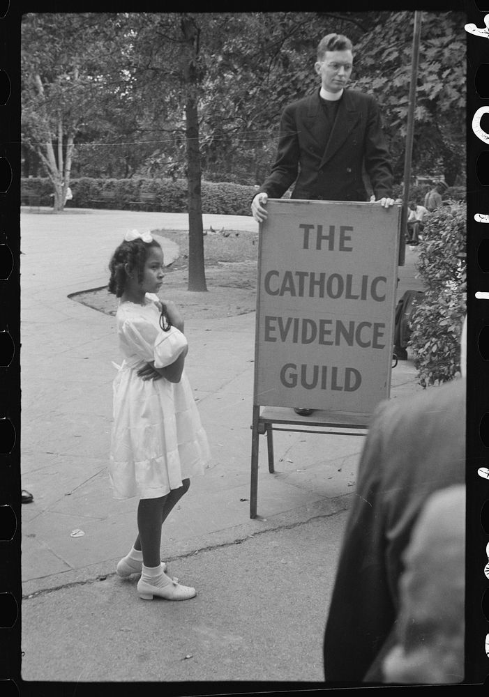 Washington, D.C. Part of audience at a rally of the Catholic Evidence Guild in Franklin Park. Sourced from the Library of…