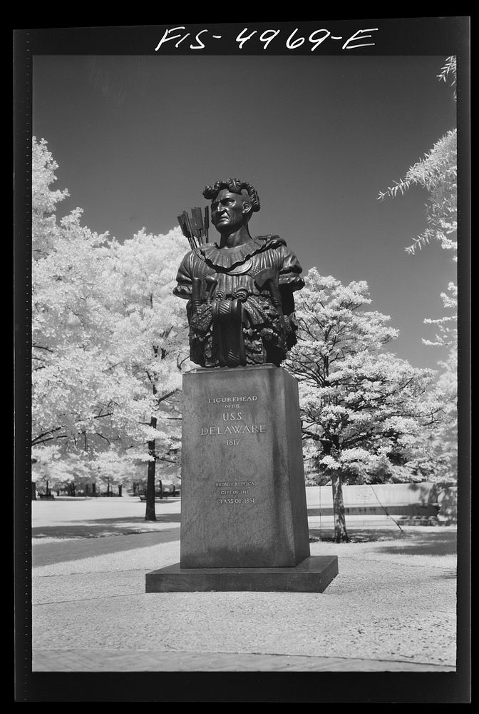 U.S. Naval Academy, Annapolis, Maryland. The "God of Luck" bronze replica of the figurehead of the U.S.S. Delaware on the…