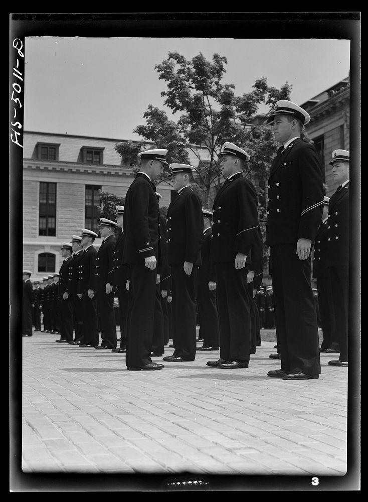 [Untitled photo, possibly related to: U.S. Naval Academy, Annapolis, Maryland. Midshipmen in formation]. Sourced from the…