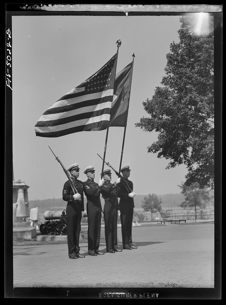 U.S. Naval Academy, Annapolis, Maryland. Midshipman color guard. Sourced from the Library of Congress.