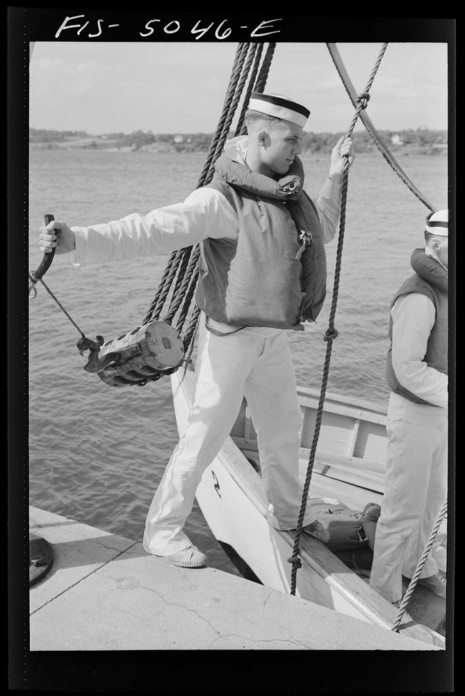 U.S. Naval Academy, Annapolis, Maryland. Boarding a whaleboat. Sourced from the Library of Congress.