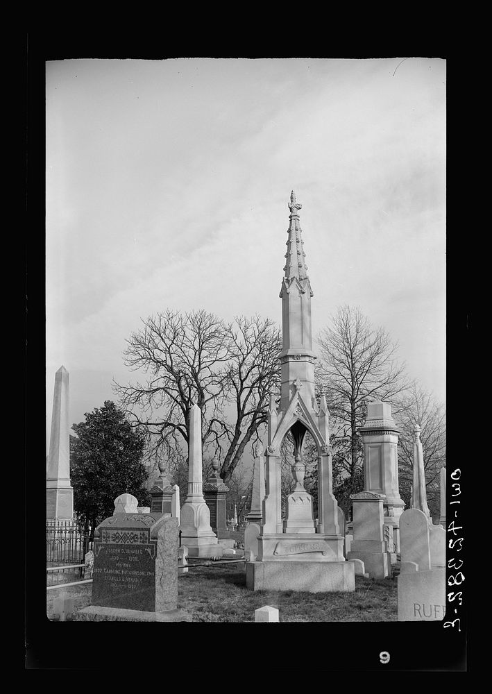 Washington, D.C. Grave monuments in Mount Olivet cemetery. Sourced from the Library of Congress.