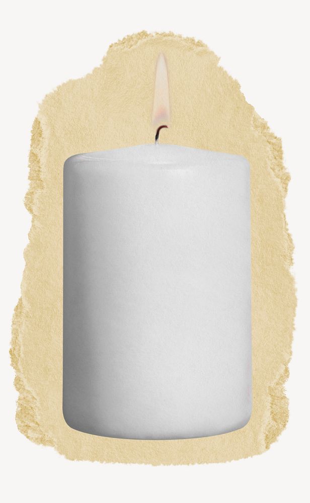 White scented candle, ripped paper collage element