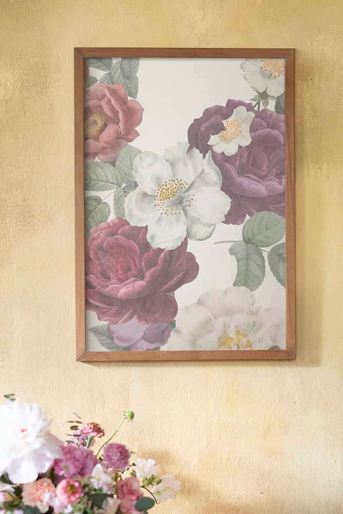 Floral frame mockup on a grunge yellow wall