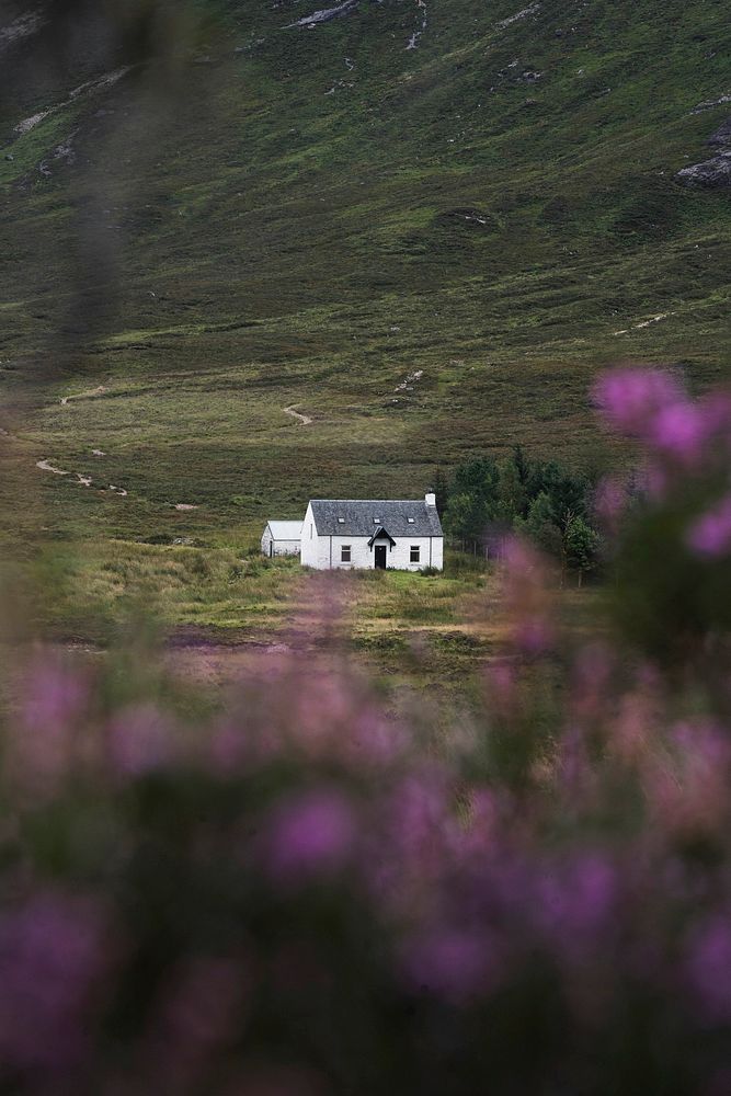 Drone view of cottage at Buachaille Etive Mor in Glen Coe, Scotland